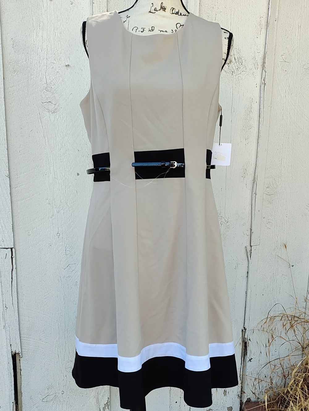 Calvin Klein Beige Sleeveless Midi Dress with Black & White Trim